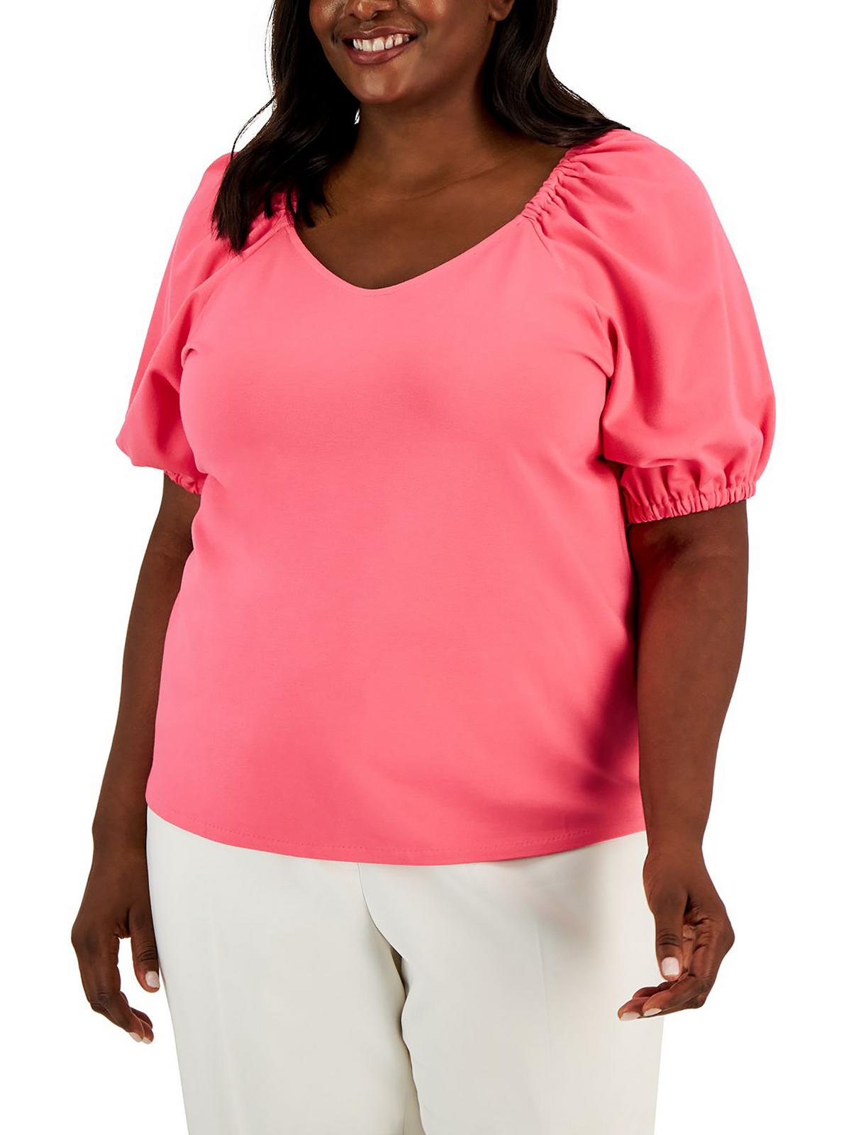 Anne Klein Womens Plus Sweetheart Neck Puff Sleeve Blouse